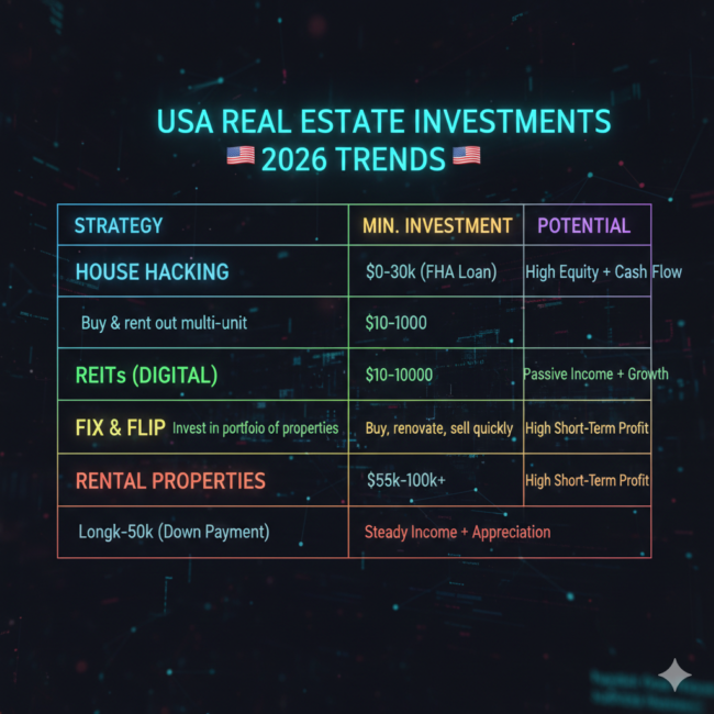 Comparison of ways to invest in real estate with no money USA 2026