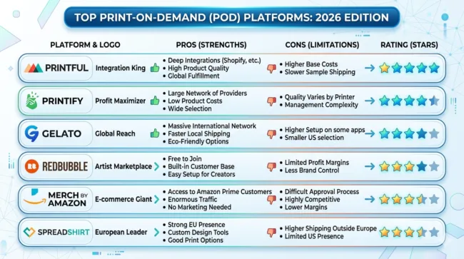printify printful gelato comparison table 2026