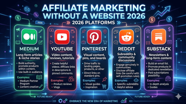 affiliate marketing without website 2026 platforms