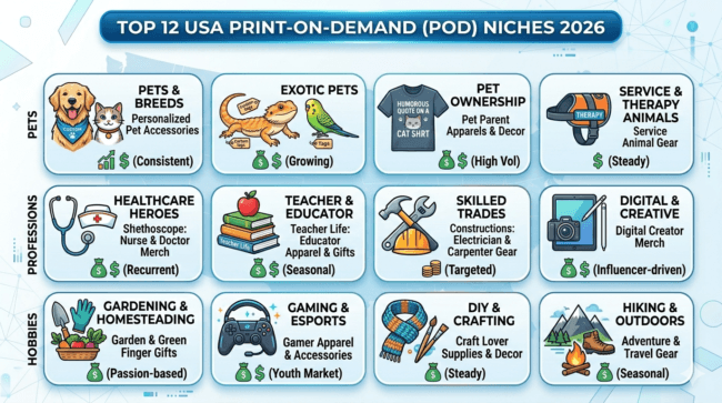 top 12 print on demand niches 2026 USA