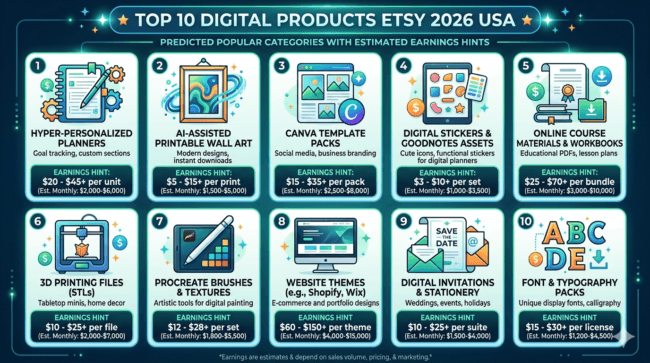 top 10 digital products etsy 2026 usa infographic