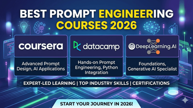 Best Prompt Engineering Courses 2026 – Coursera, DataCamp, DeepLearning.AI logos