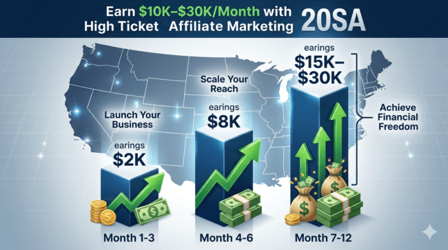 Earnings potential $10K–$30K month high ticket affiliate marketing USA
