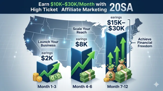 Earnings potential $10K–$30K month high ticket affiliate marketing USA