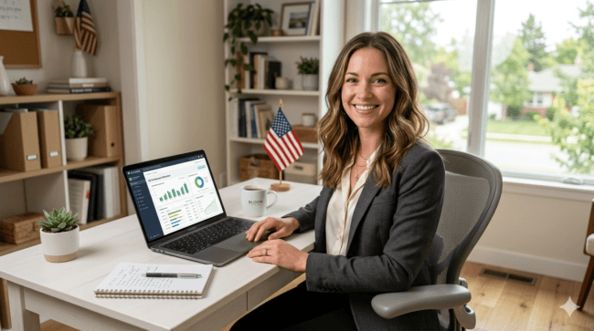 Virtual bookkeeping business 2026 USA woman working from home laptop QuickBooks