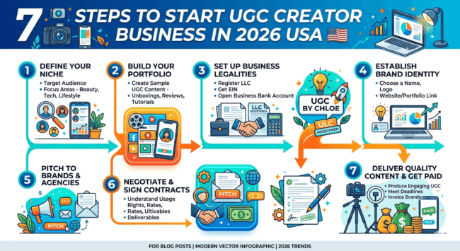 steps to start UGC creator business in 2026 USA