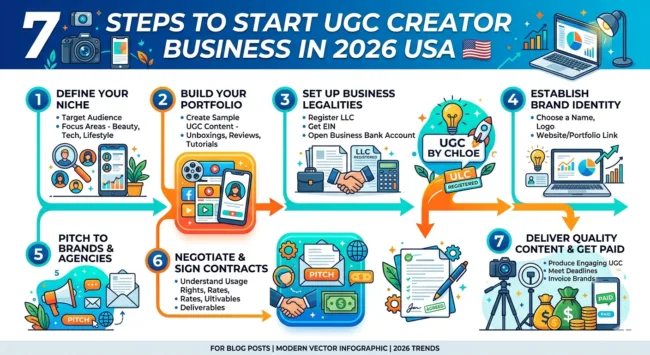 steps to start UGC creator business in 2026 USA