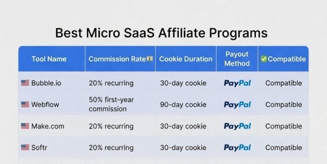 Best micro SaaS affiliate programs for India 2026 — Bubble Webflow Make.com