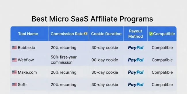 Best micro SaaS affiliate programs for India 2026 — Bubble Webflow Make.com