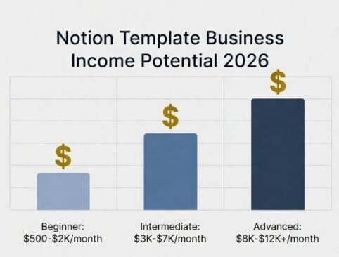 Notion template business income potential — $3K to $12K per month passive income chart