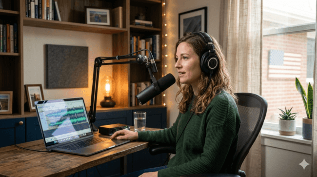 Voiceover jobs 2026 USA - woman recording from home studio