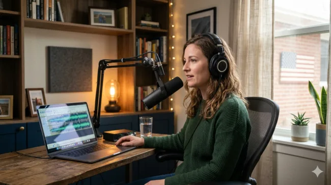 Voiceover jobs 2026 USA - woman recording from home studio