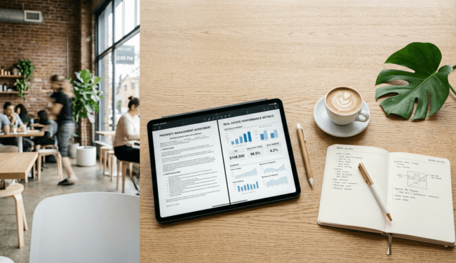 A business professional reviewing property management contracts on a tablet at a coffee shop desk.
