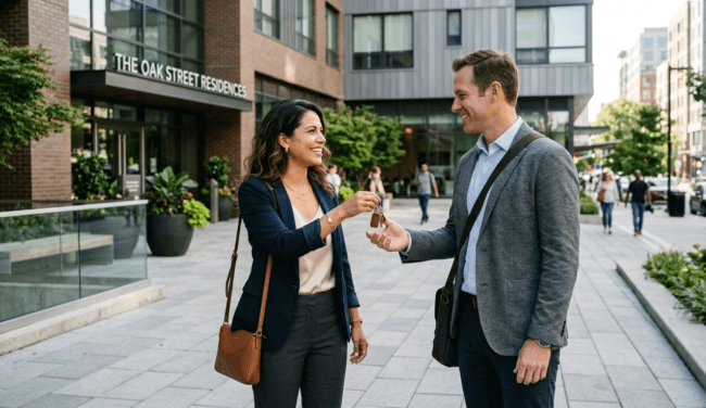 A professional operator handing over keys outside a modern American apartment complex.