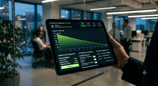 A high-end dark mode interface displaying clean financial metrics and downward-trending liability paths