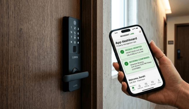 A smartphone display showing an automated booking channel app next to an installed smart lock.