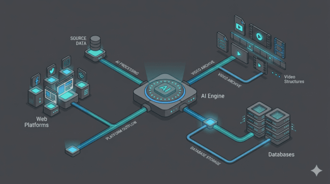 Clean, modern structural flowchart mapping the data flow from an AI engine to an optimized web layout.