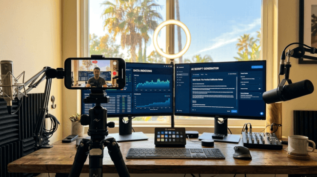 A modern home office studio in California with a ring light, smartphone on a tripod for UGC creation, and dual monitors running AI prompt workflows.