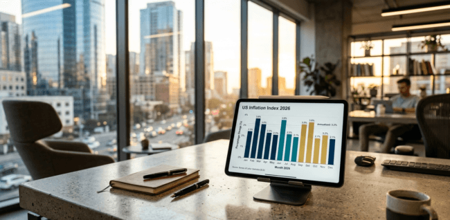 A modern workspace environment displaying a tablet with financial bar charts tracking US cost of living inflation index shifts.