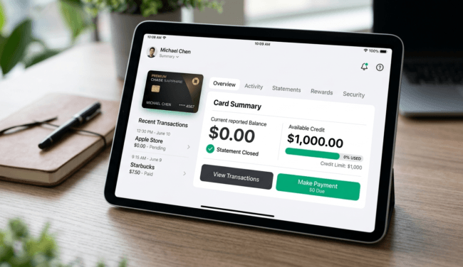 A minimalist financial app interface highlighting a credit card limit of $1,000 with an optimized statement balance of exactly $0.