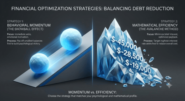 A clear, split graphic illustrating the structural differences between the snowball and avalanche methods.