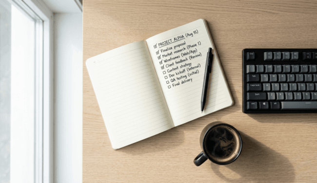 A high-angle view of a clean desk featuring a notebook checklist, noise-canceling headphones, and a cup of coffee.
