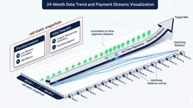A clear infographic diagram illustrating the difference between static credit reporting and the 24-month FICO 10T trended data system.