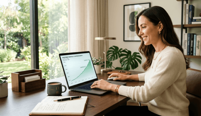 An elegant home office desk featuring a laptop open to an investment portfolio chart showing steady compound growth.
