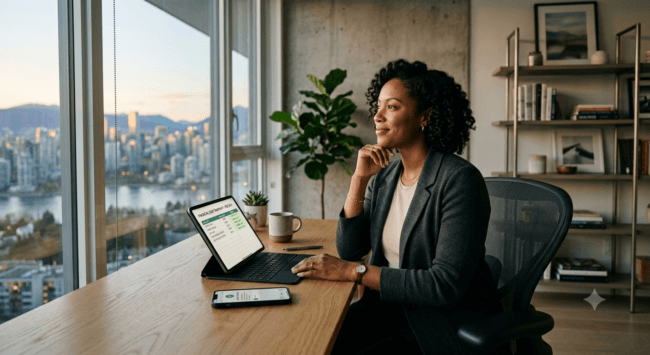 A confident digital entrepreneur reviewing positive asset balances on a tablet in a bright office space.