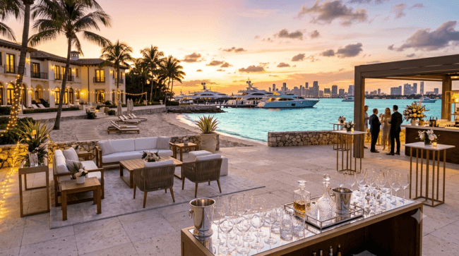 A luxury beachfront villa resort in Florida during sunset, symbolizing premium short-term vacation rental management and event staging.
