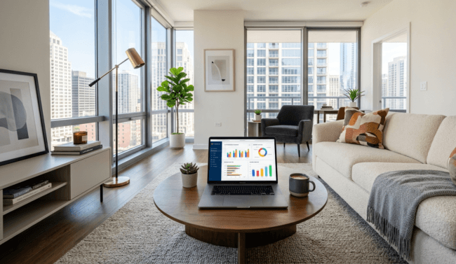 Modern chic living room with open laptop showing financial charts, representing an optimized Airbnb business.