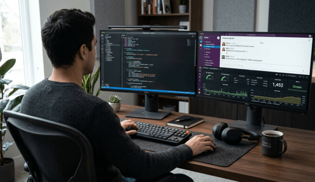 A clear dual-monitor computer setup showing Slack code lines and text analytics tools, with no telephone visible.