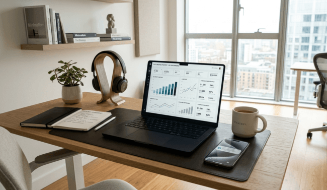 A premium, minimalist home office setup with a laptop displaying clean, ascending financial analytics and business charts.