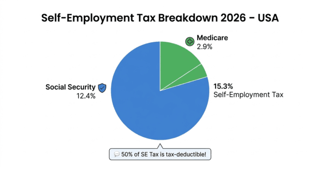 Self-employment tax breakdown 2026 — 15.3% Social Security and Medicare