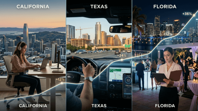A split visual graphic highlighting the economic icons of Texas, California, and Florida with income projection graphs for side business owners.