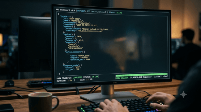A professional developer environment displaying secure API key configurations and webhook connections.