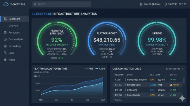 A technical analytics monitoring dashboard tracking cloud operational expenses and API resource consumption.