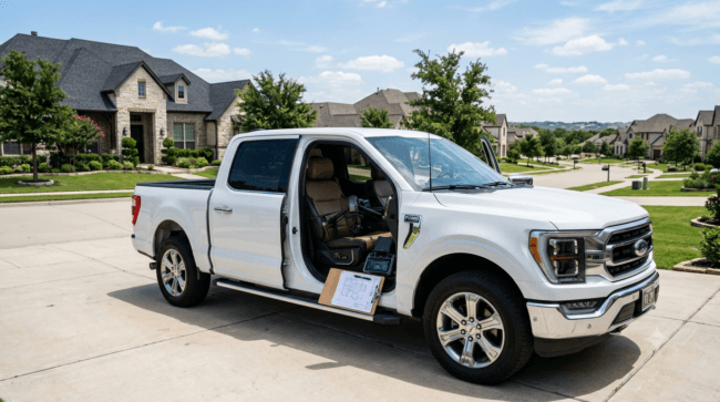 A white modern pickup truck parked in a Texas suburban residential area with a drone controller on the seat, symbolizing mobile logistics and drone photography.