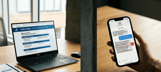 Work from home scams identification on laptop and mobile screen.