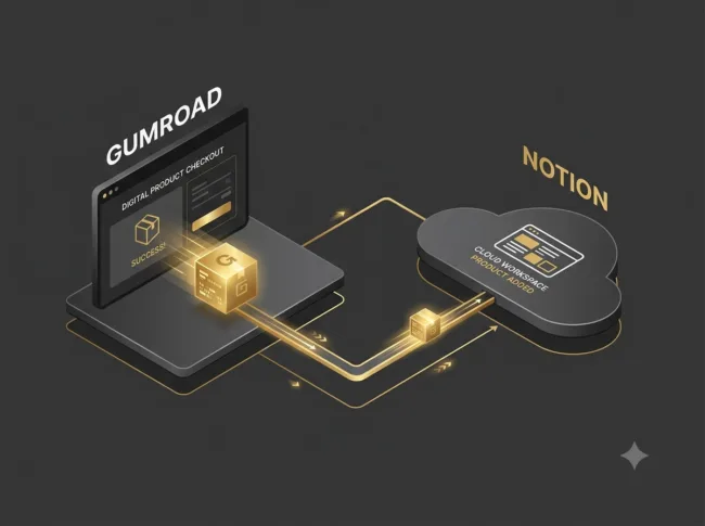 Technical flow diagram mapping a Notion duplication link through Gumroad checkout to an automated email webhook.
