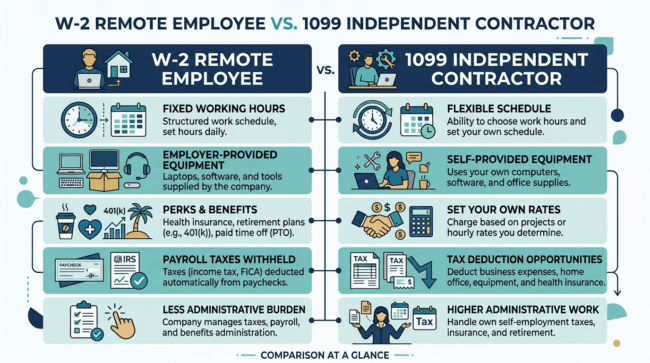 Diagram comparing W2 vs 1099 data entry employment models