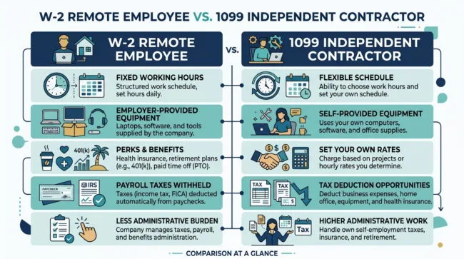 Diagram comparing W2 vs 1099 data entry employment models