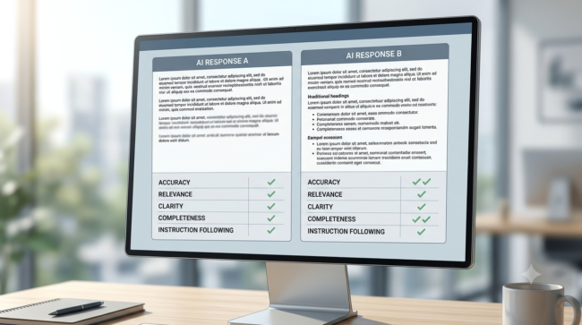 AI response evaluation workflow comparing chatbot answers for accuracy and quality